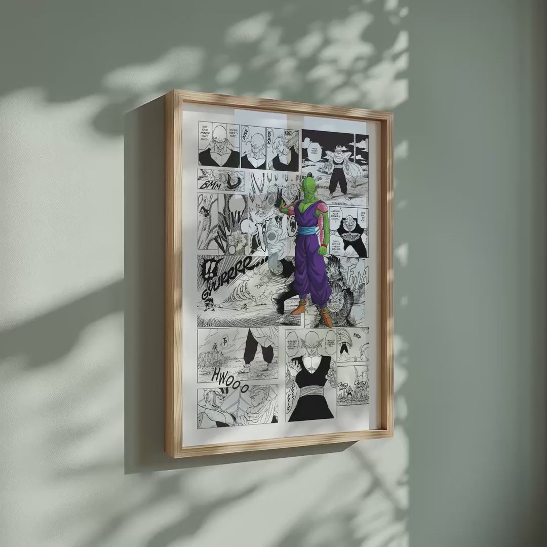 Video of the Piccolo manga poster inspired by Dragon Ball in a light wood frame on a sage green wall