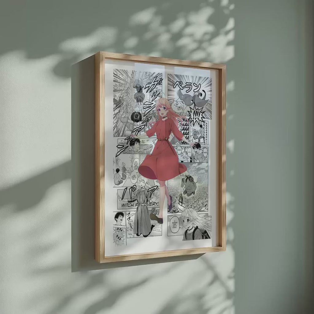 Video of the Nico Wakatsuki manga poster inspired by Witch Watch in a light wood frame on a sage green wall