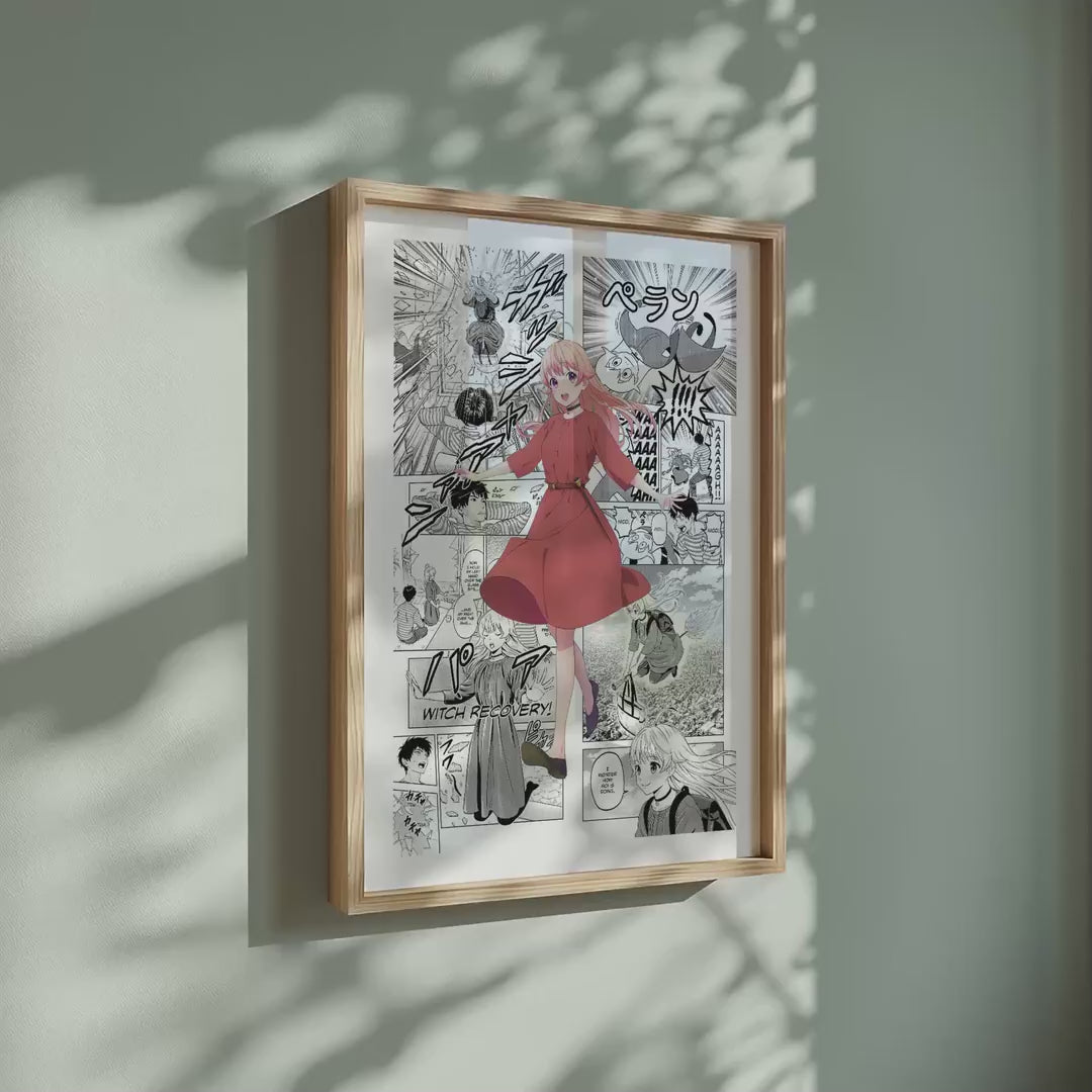 Video of the Nico Wakatsuki manga poster inspired by Witch Watch in a light wood frame on a sage green wall