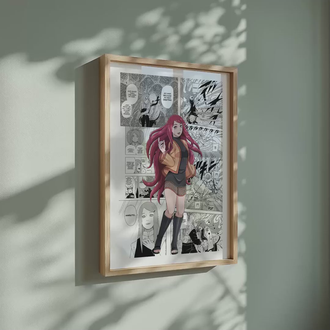 Video of the Kushina Uzumaki manga poster inspired by Naruto in a light wood frame on a sage green wall