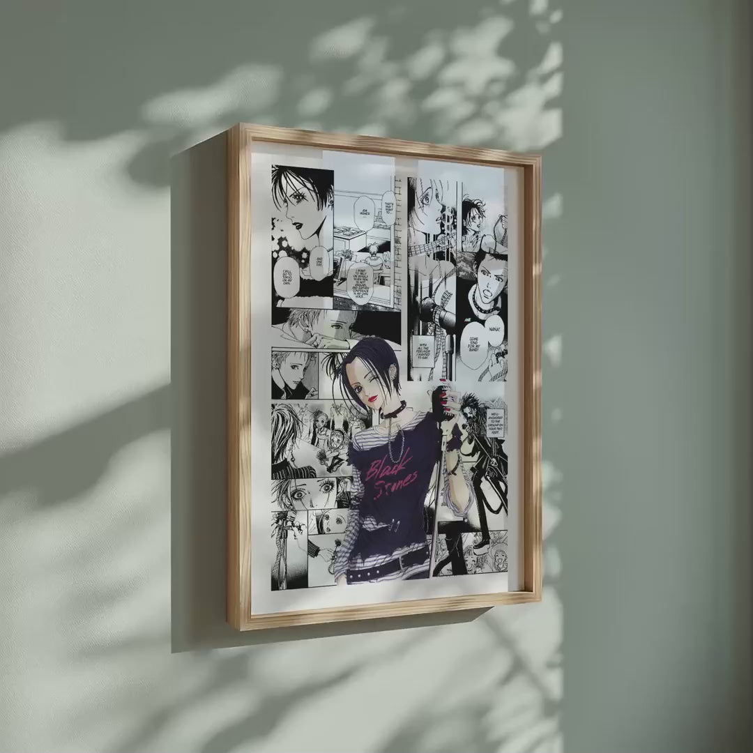 Video of the Nana Osaki manga poster inspired by Nana in a light wood frame on a sage green wall