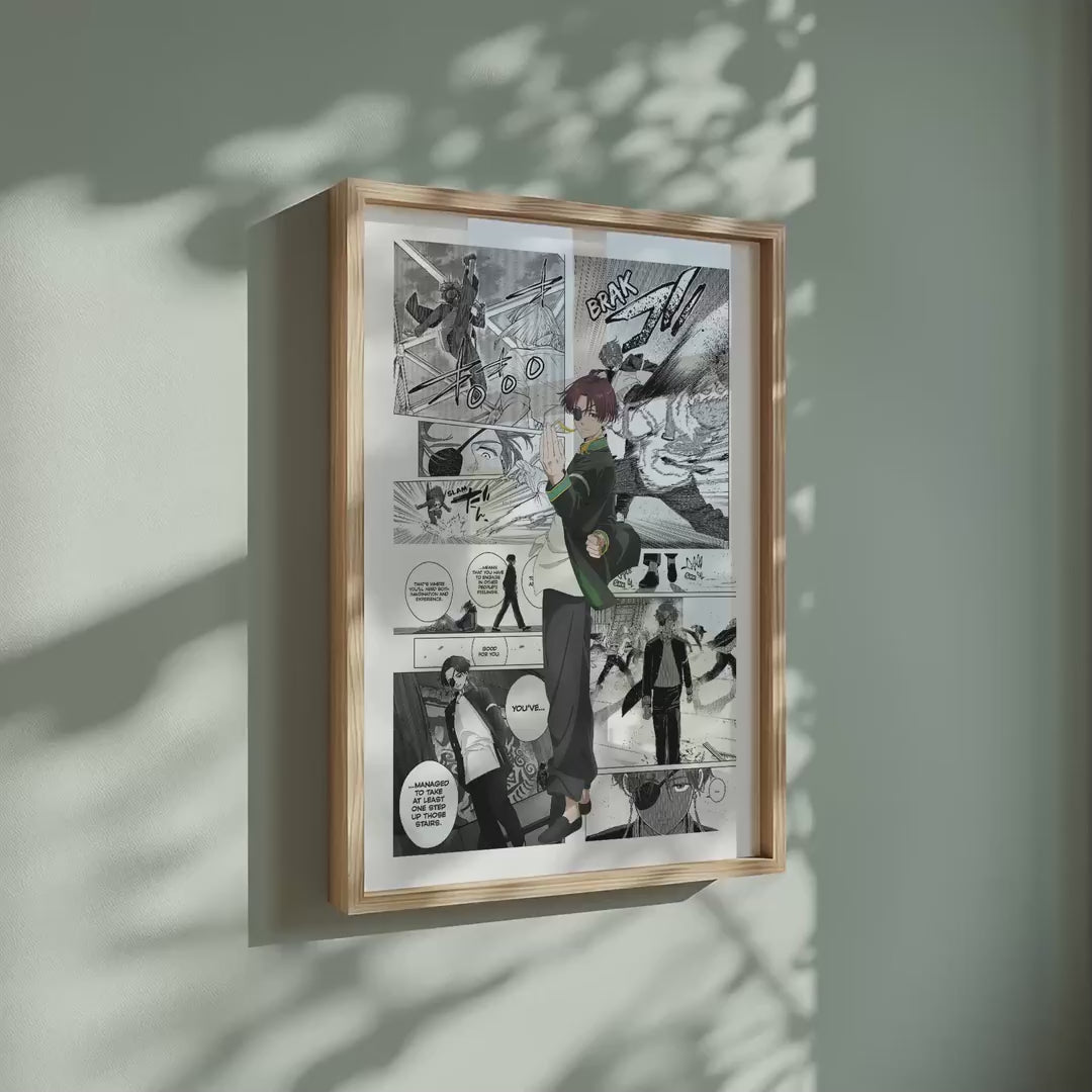 Video of the Hayato Suo manga poster inspired by Wind Breaker in a light wood frame on a sage green wall