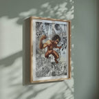 Video of the Eren Yeager Attack Titan manga poster inspired by Attack on Titan in a light wood frame on a sage green wall