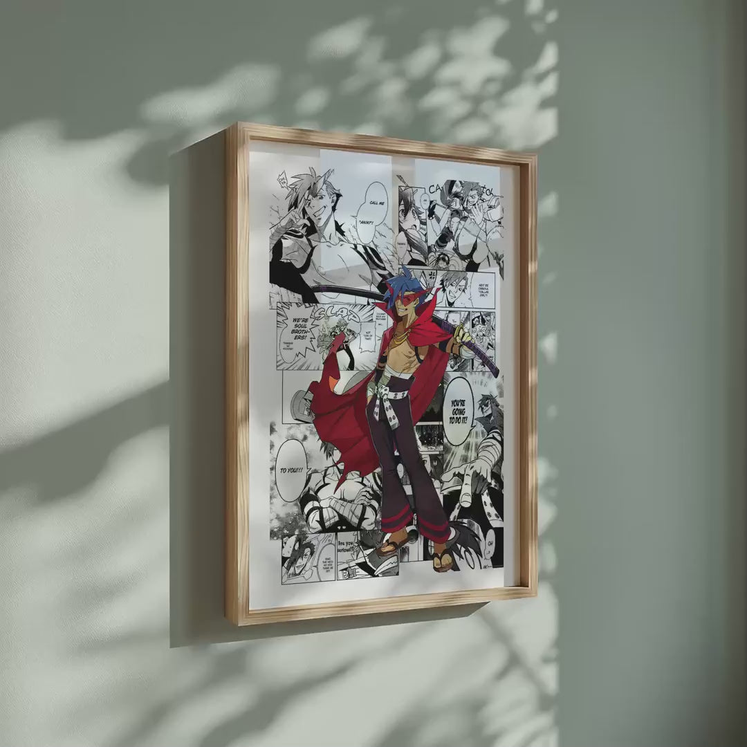Video of the Kamina manga poster inspired by Gurren Lagann in a light wood frame on a sage green wall