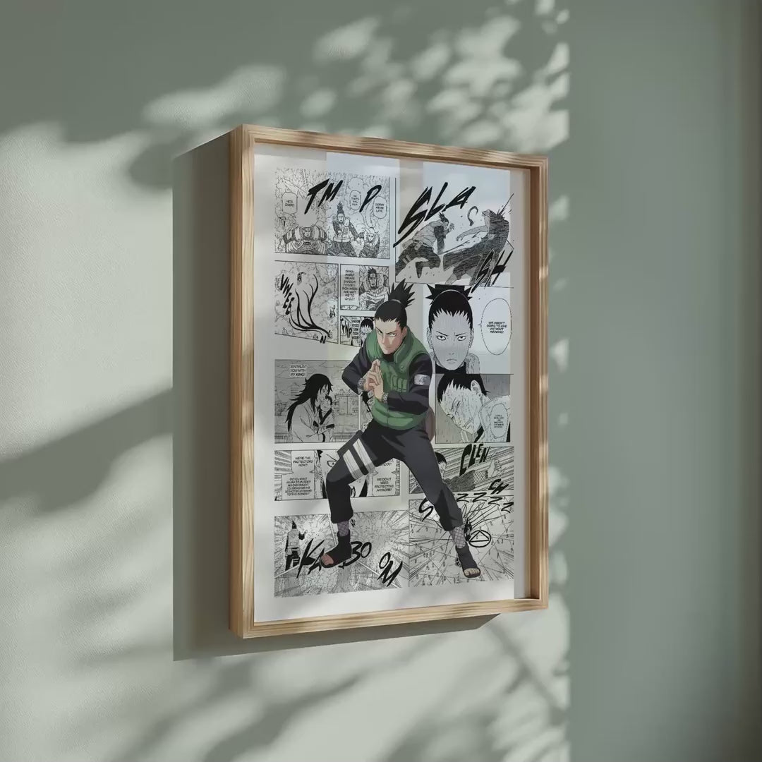 Video of the Shikamaru Nara manga poster inspired by Naruto in a light wood frame on a sage green wall