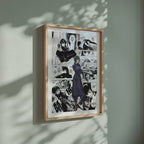 Video of the Mai Zenin manga poster inspired by Jujutsu Kaisen in a light wood frame on a sage green wall