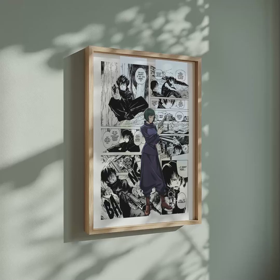 Video of the Mai Zenin manga poster inspired by Jujutsu Kaisen in a light wood frame on a sage green wall