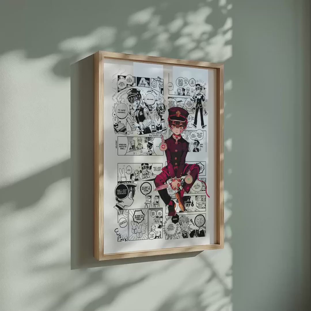 Video of the Hanako manga poster inspired by Toilet-Bound Hanako-kun in a light wood frame on a sage green wall