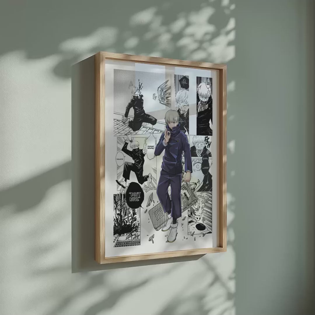 Video of the Toge Inumaki manga poster inspired by Jujutsu Kaisen in a light wood frame on a sage green wall