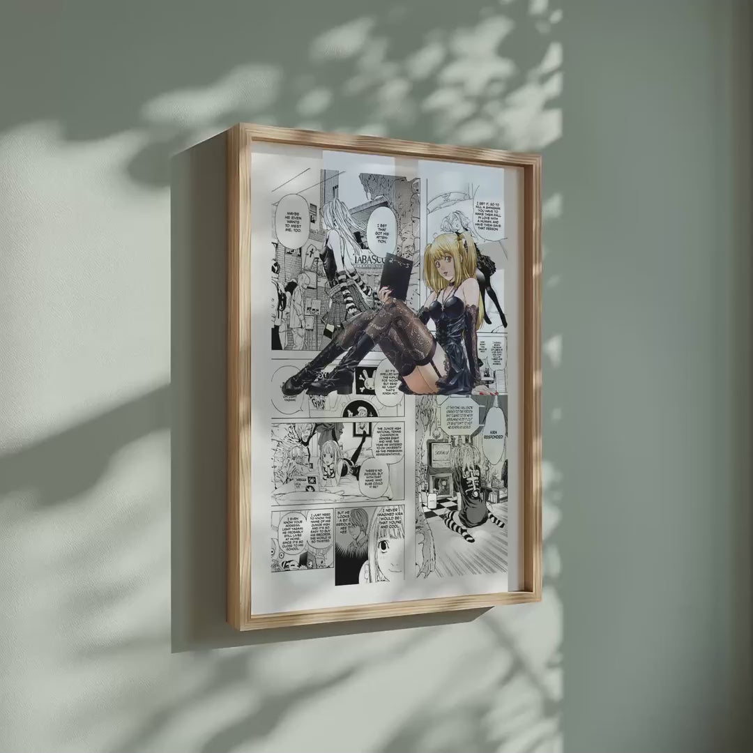 Video of the Misa Amane manga poster inspired by Death Note in a light wood frame on a sage green wall