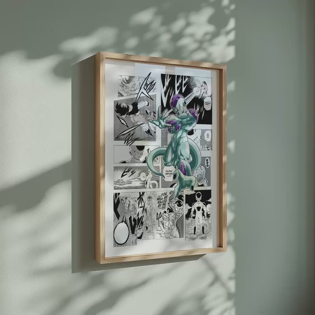 Video of the Frieza manga poster inspired by Dragon Ball in a light wood frame on a sage green wall