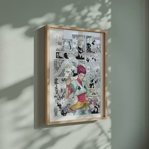 Video of the Hisoka Morow manga poster inspired by Hunter x Hunter in a light wood frame on a sage green wall