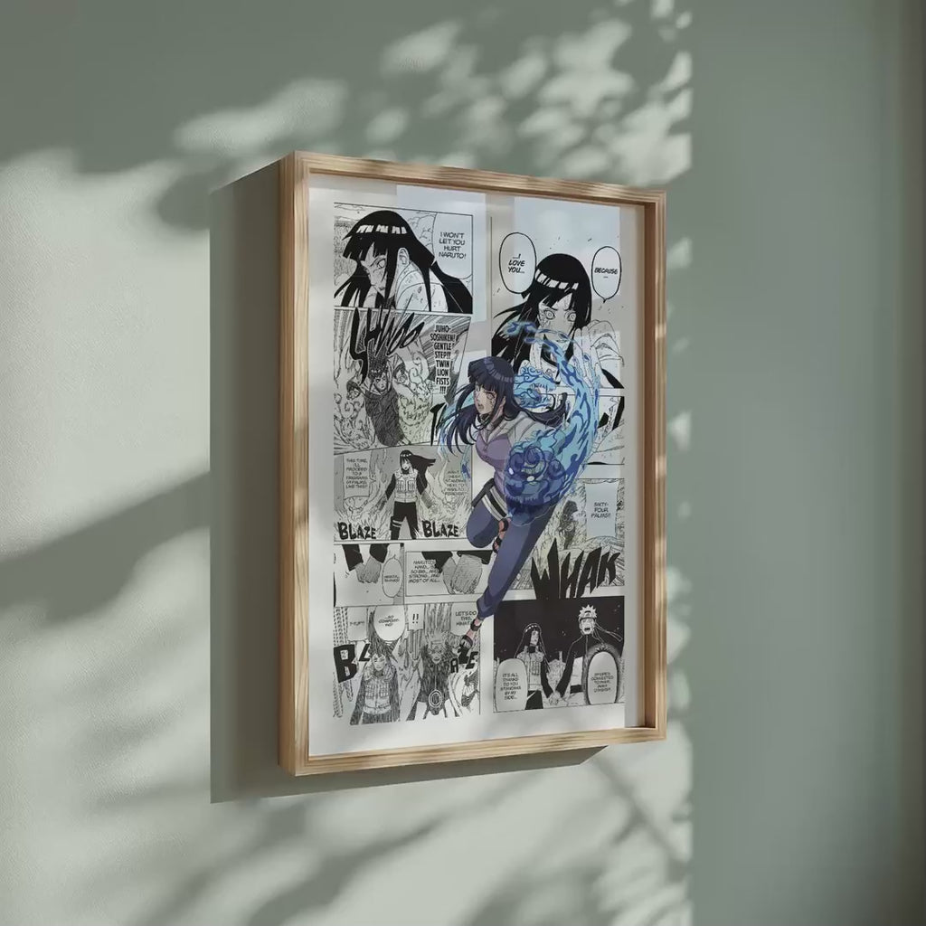 Video of the Hinata Hyuga manga poster inspired by Naruto in a light wood frame on a sage green wall