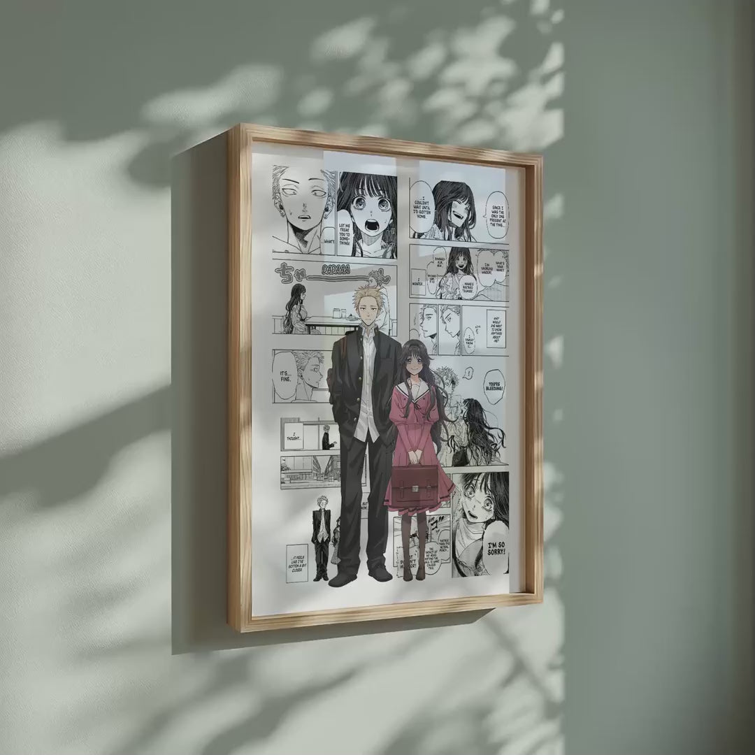 Video of the Rintaro Tsumugi and Kaoruko Waguri manga poster inspired by The Fragrant Flower Blooms with Dignity in a light wood frame on a sage green wall