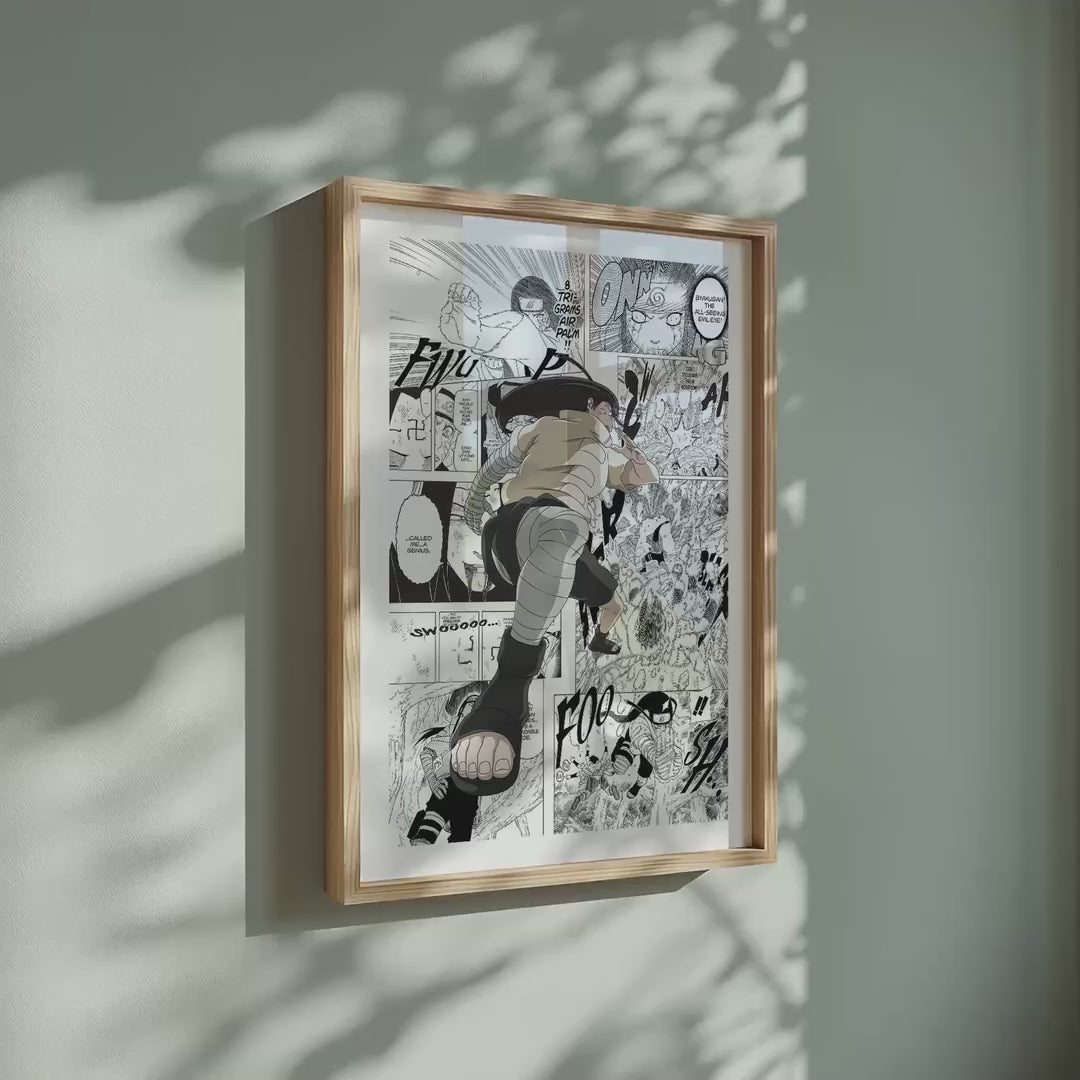 Video of the Neji Hyuga manga poster inspired by Naruto in a light wood frame on a sage green wall