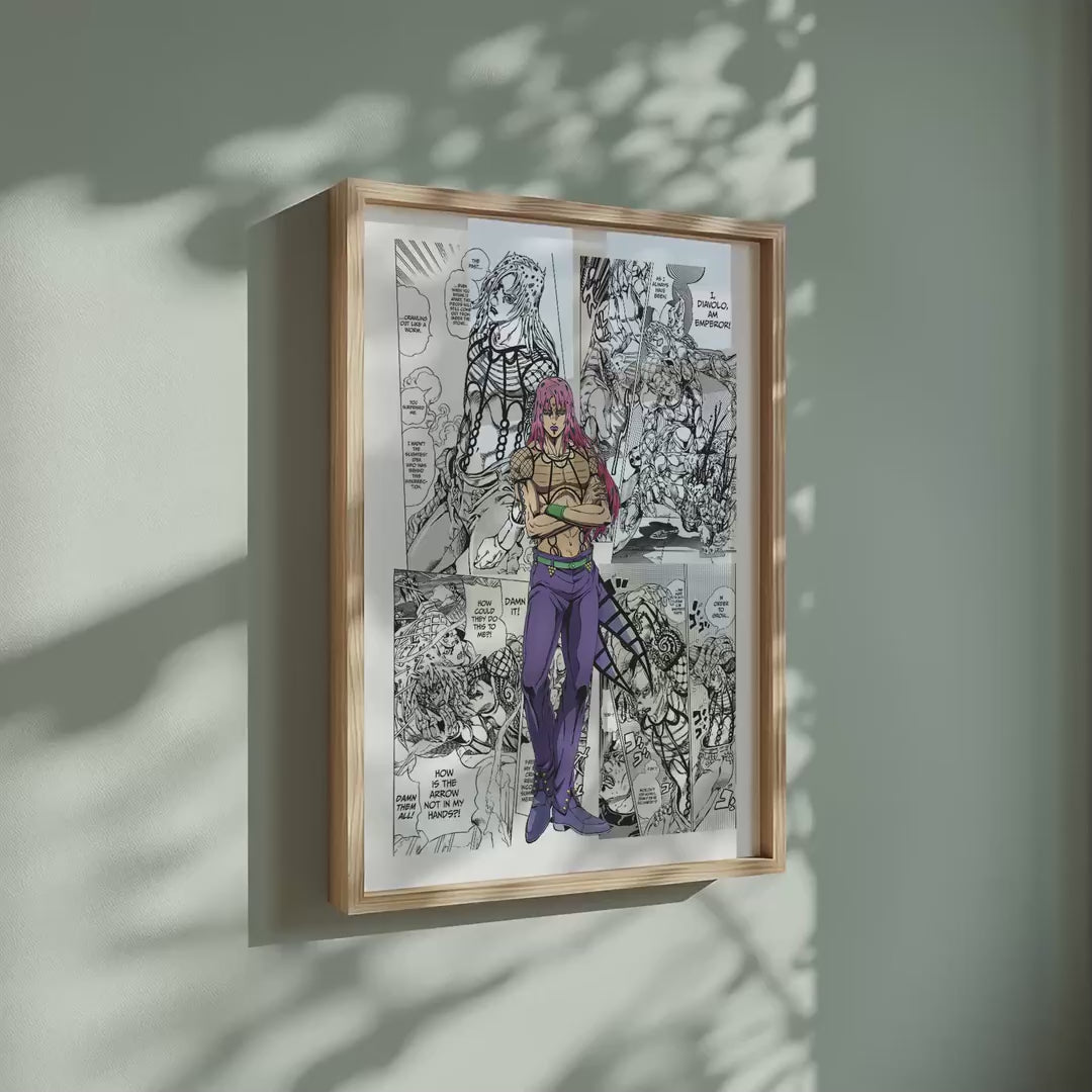 Video of the Diavolo manga poster inspired by JoJo's Bizarre Adventure in a light wood frame on a sage green wall
