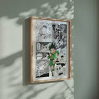 Video of the Gon Freecss manga poster inspired by Hunter x Hunter in a light wood frame on a sage green wall