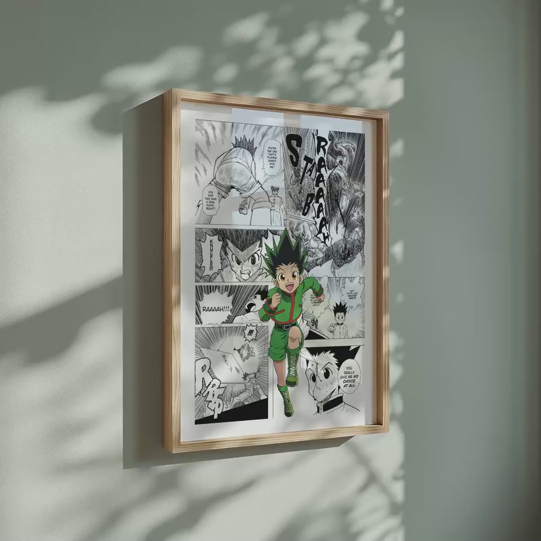 Video of the Gon Freecss manga poster inspired by Hunter x Hunter in a light wood frame on a sage green wall