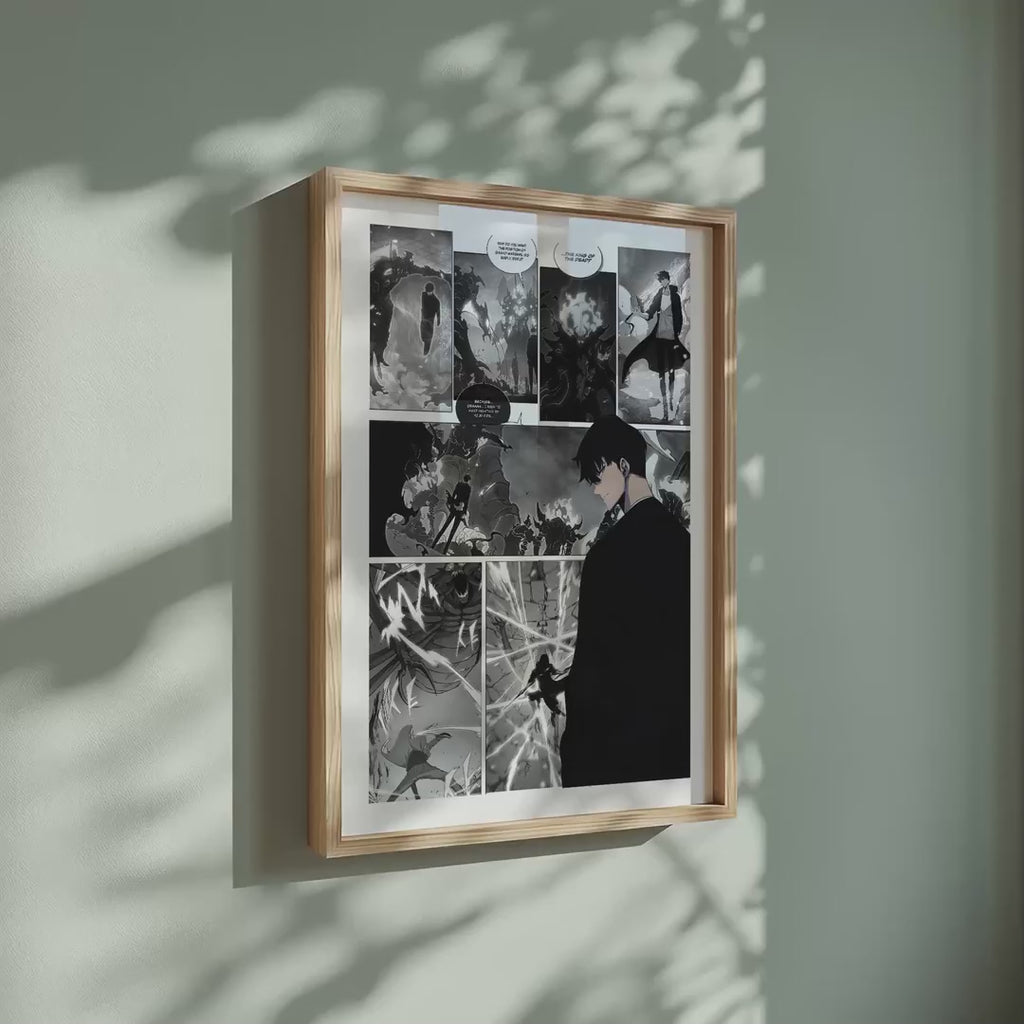 Video of the Sung Jinwoo manga poster inspired by Solo Leveling in a light wood frame on a sage green wall