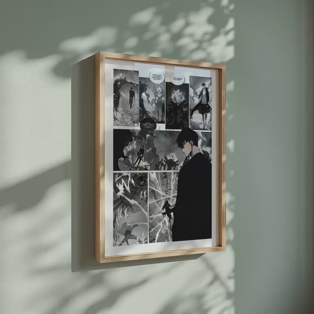 Video of the Sung Jinwoo manga poster inspired by Solo Leveling in a light wood frame on a sage green wall