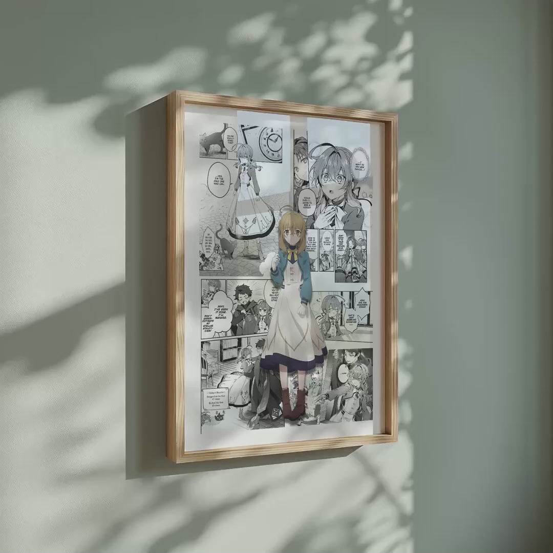 Video of the Monica Everett manga poster inspired by Secrets of the Silent Witch in a light wood frame on a sage green wall