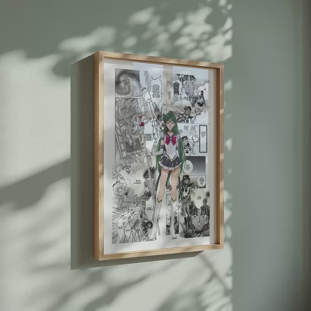 Video of the Setsuna Meioh Sailor Pluto manga poster inspired by Sailor Moon in a light wood frame on a sage green wall