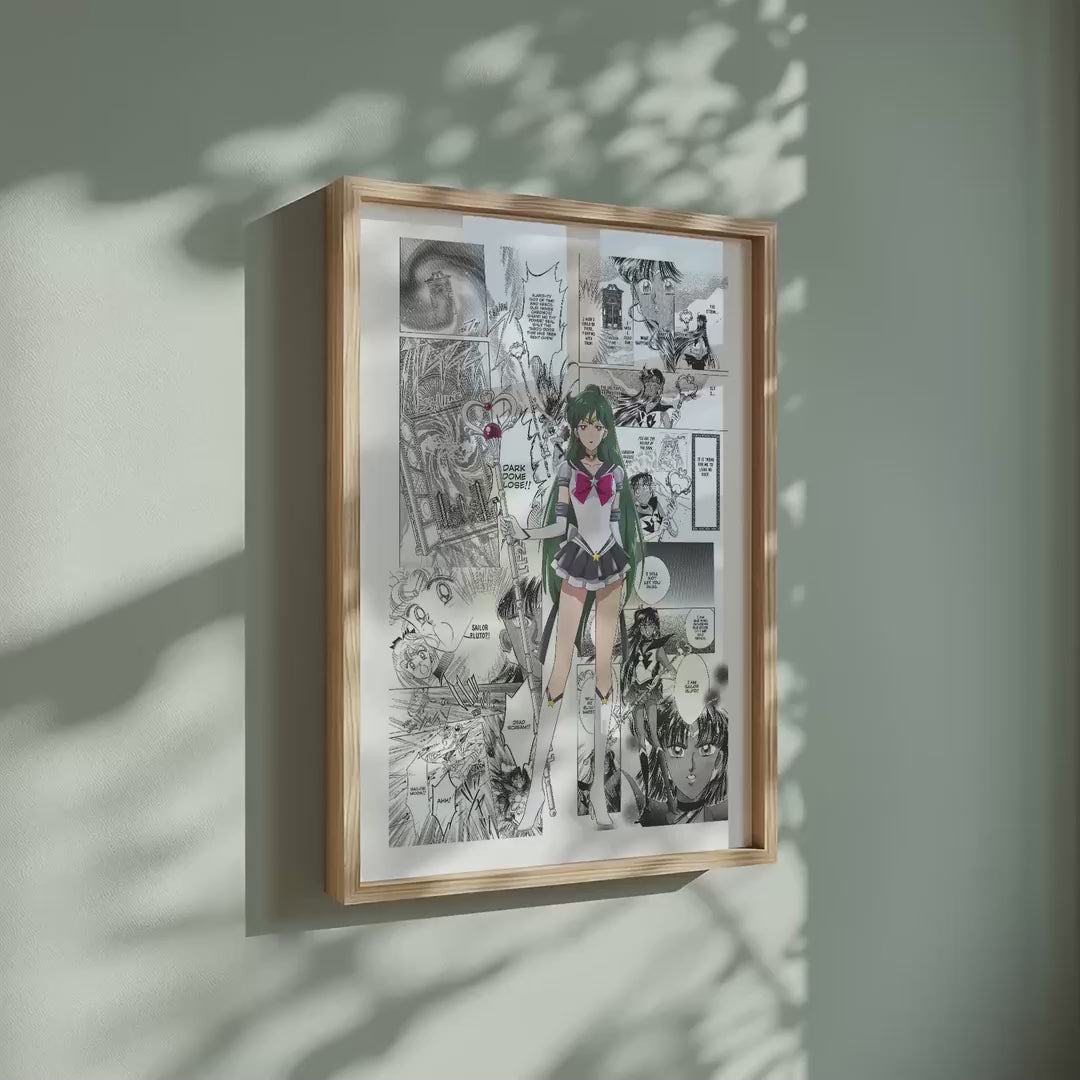 Video of the Setsuna Meioh Sailor Pluto manga poster inspired by Sailor Moon in a light wood frame on a sage green wall