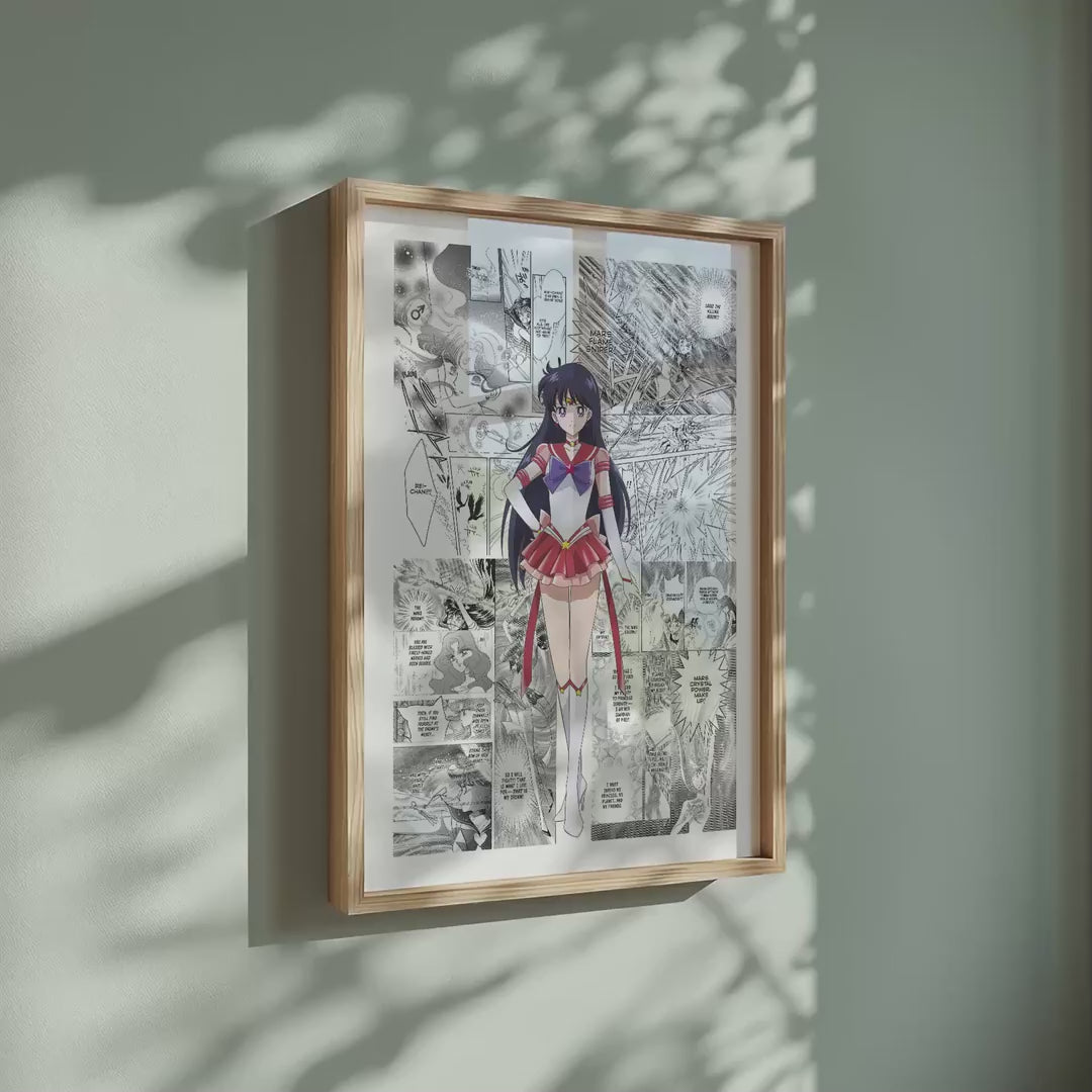 Video of the Rei Hino Sailor Mars manga poster inspired by Sailor Moon in a light wood frame on a sage green wall