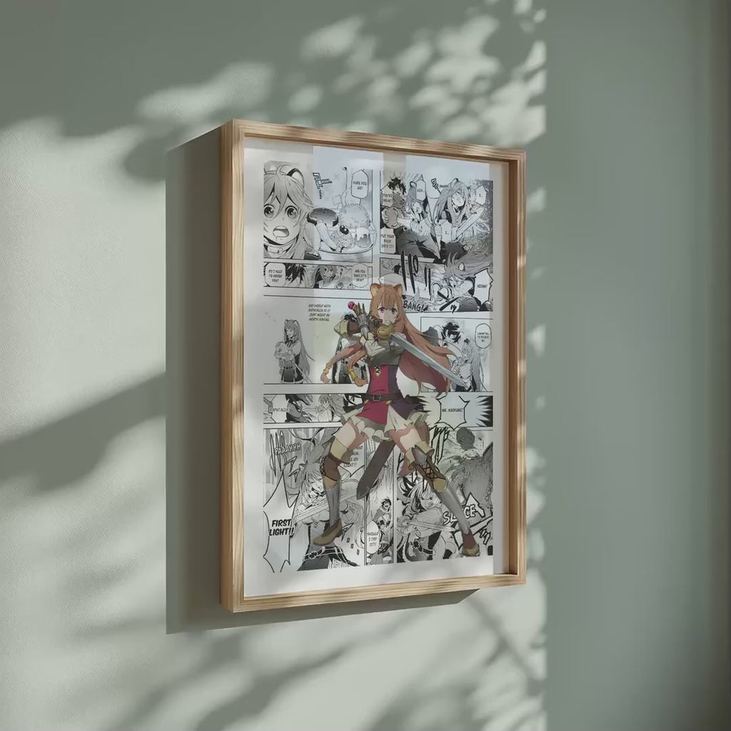 Video of the Raphtalia manga poster inspired by The Rising of the Shield Hero in a light wood frame on a sage green wall