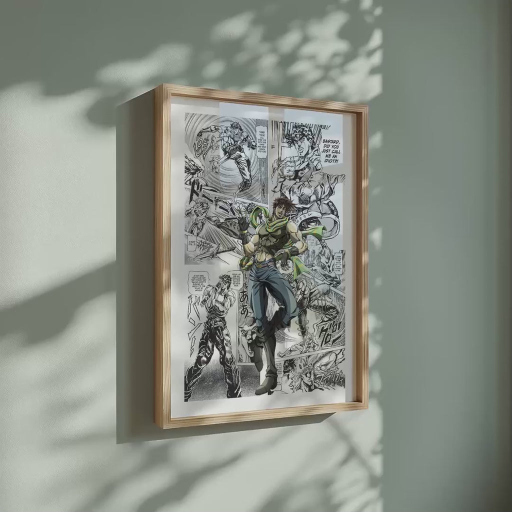 Video of the Joseph Joestar manga poster inspired by JoJo's Bizarre Adventure in a light wood frame on a sage green wall