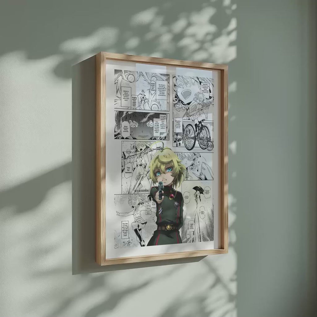 Video of the Tanya Degurechaff manga poster inspired by The Saga of Tanya the Evil in a light wood frame on a sage green wall