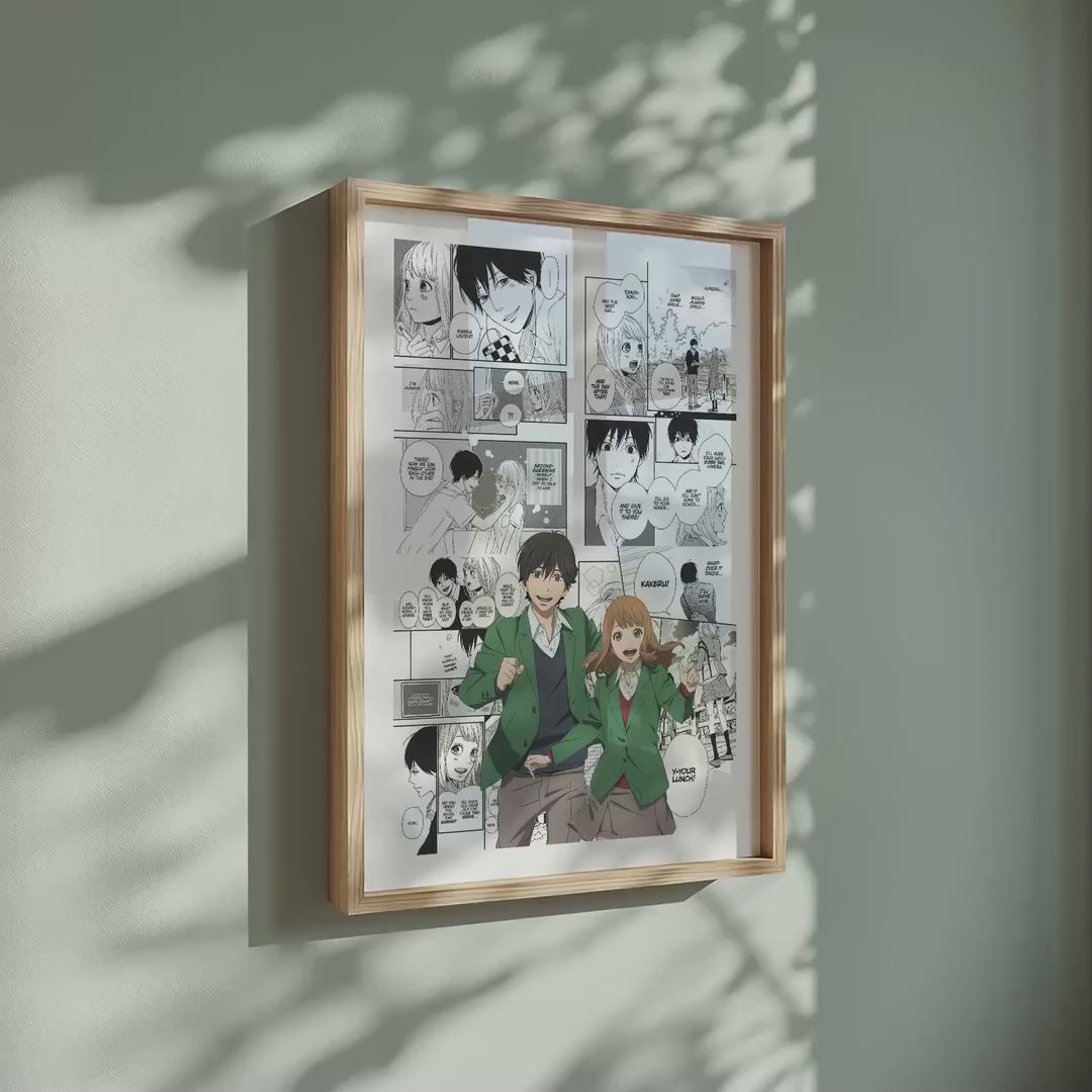 Video of the Naho Takamiya and Kakeru Naruse manga poster inspired by Orange in a light wood frame on a sage green wall