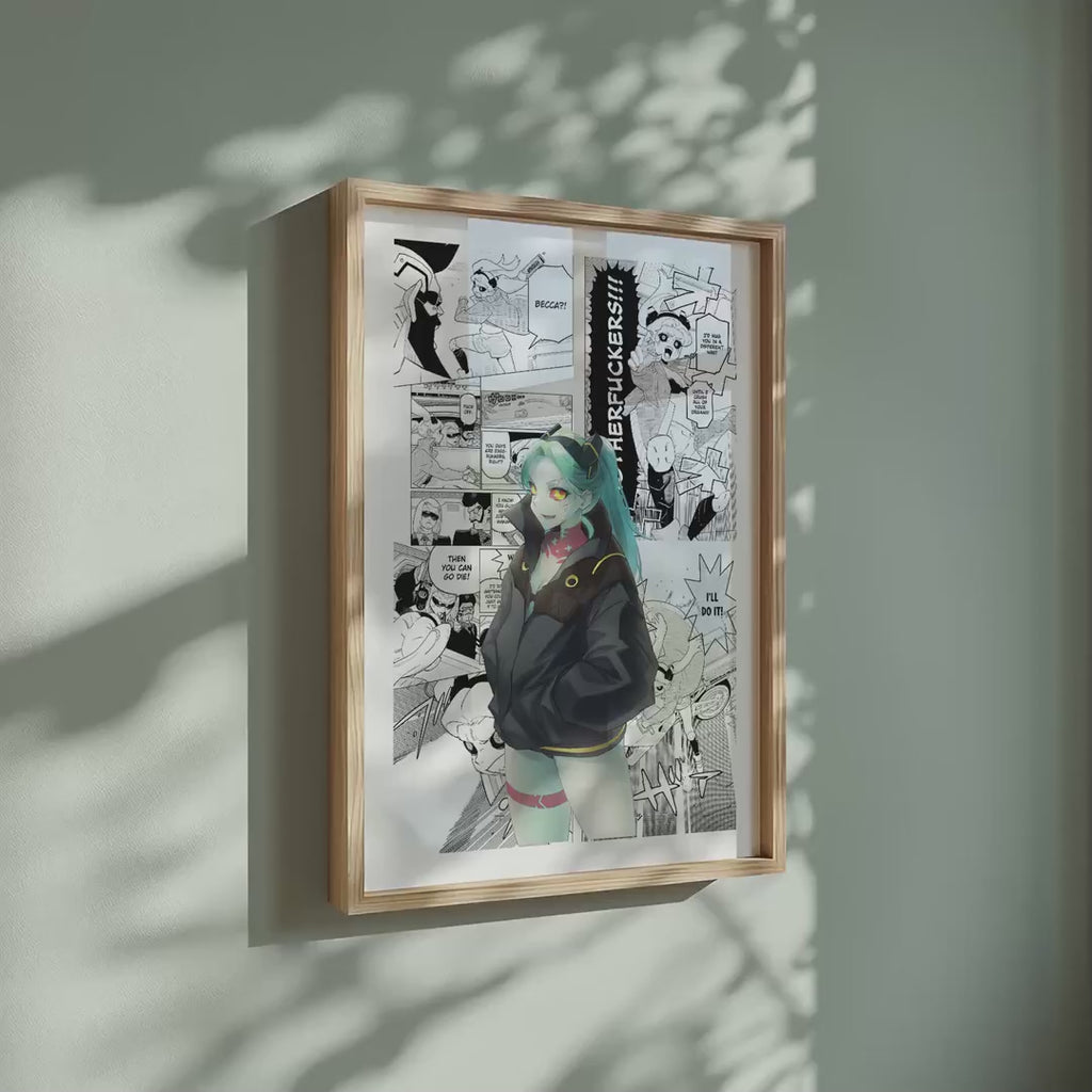 Video of the Rebecca manga poster inspired by Cyberpunk: Edgerunners in a light wood frame on a sage green wall
