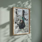 Video of the Rebecca manga poster inspired by Cyberpunk: Edgerunners in a light wood frame on a sage green wall