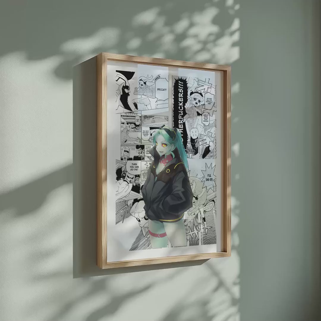 Video of the Rebecca manga poster inspired by Cyberpunk: Edgerunners in a light wood frame on a sage green wall