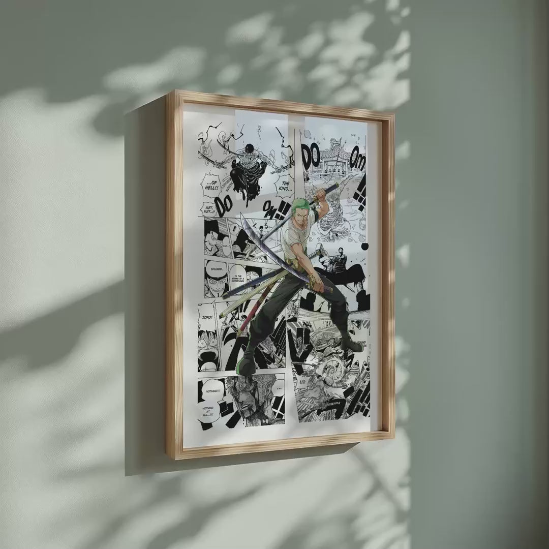 Video of the Roronoa Zoro manga poster inspired by One Piece in a light wood frame on a sage green wall