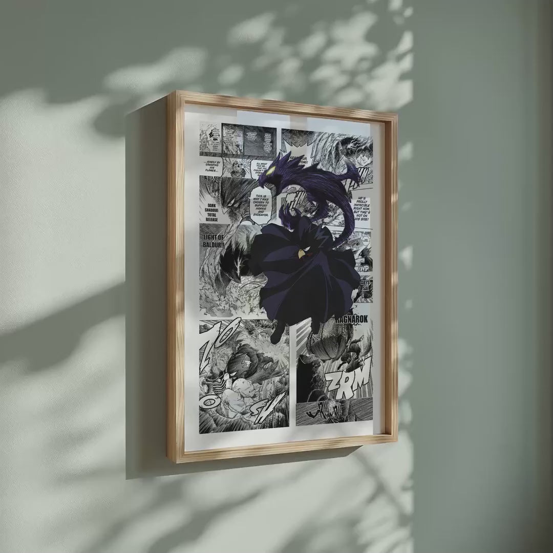 Video of the Fumikage Tokoyami manga poster inspired by My Hero Academia in a light wood frame on a sage green wall