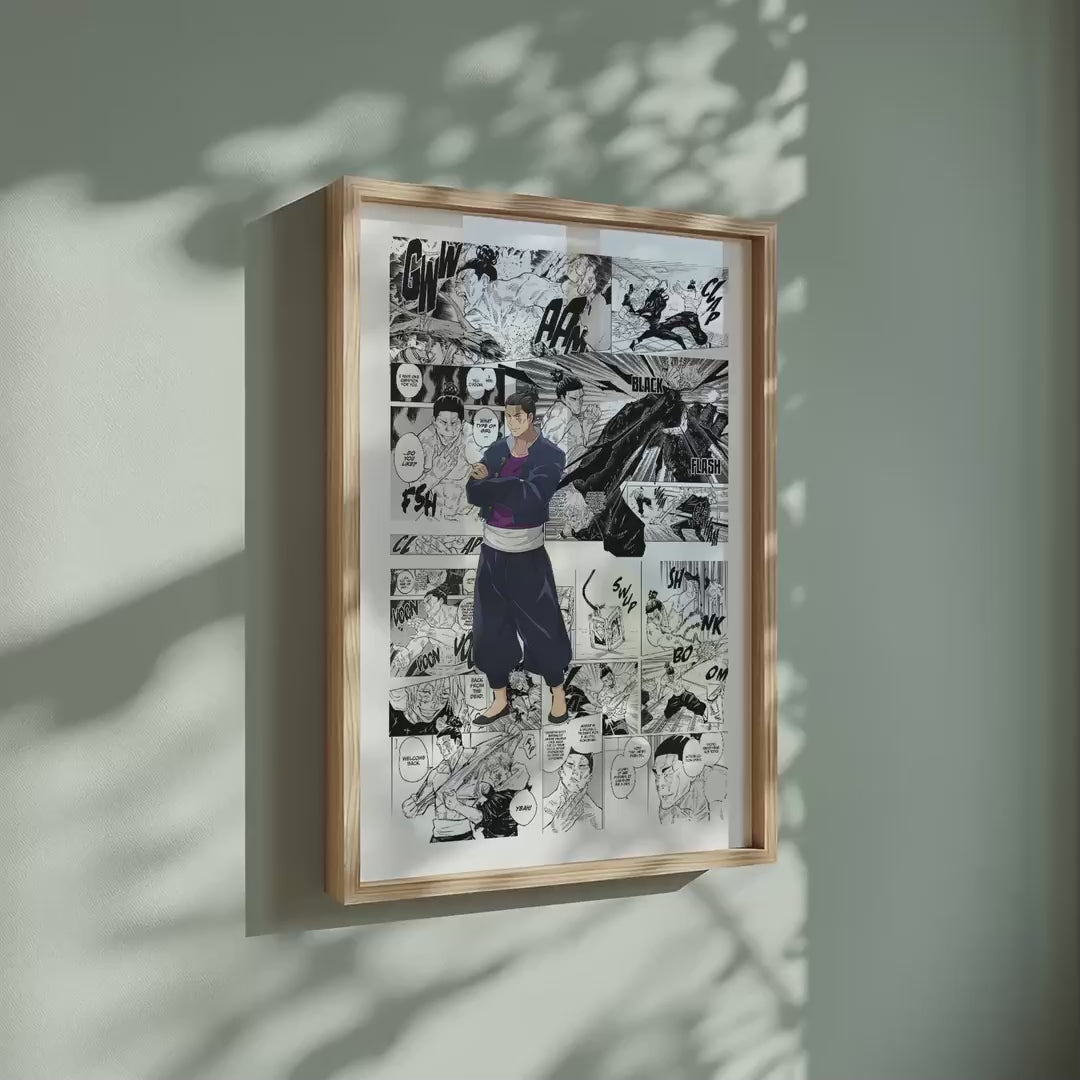Video of the Aoi Todo manga poster inspired by Jujutsu Kaisen in a light wood frame on a sage green wall