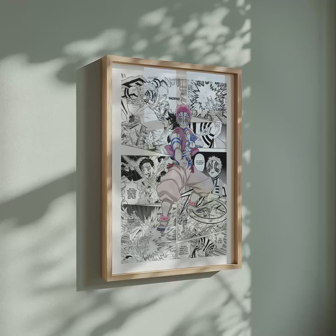 Video of the Akaza manga poster inspired by Demon Slayer in a light wood frame on a sage green wall