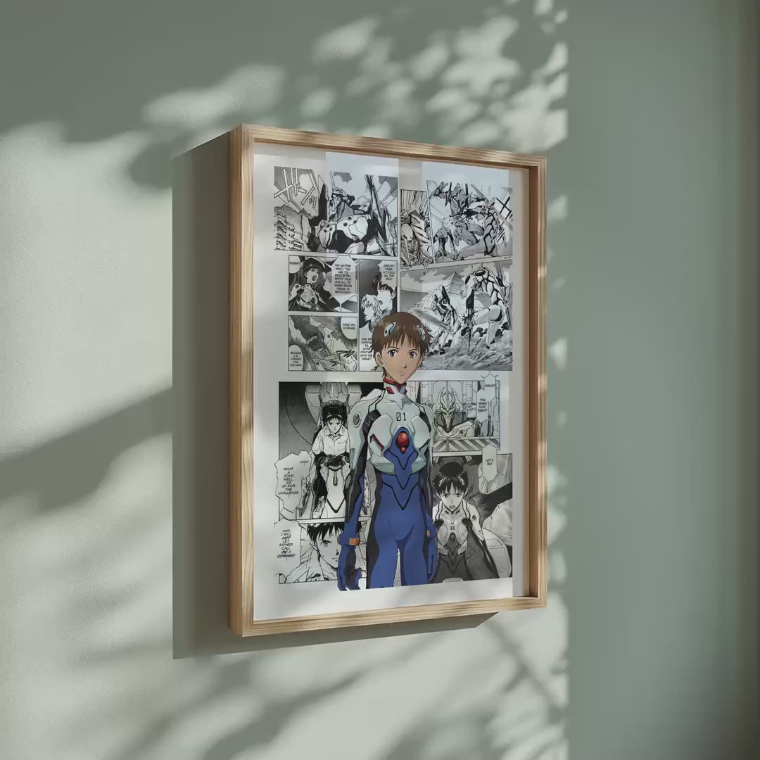 Video of the Shinji Ikari manga poster inspired by Neon Genesis Evangelion in a light wood frame on a sage green wall