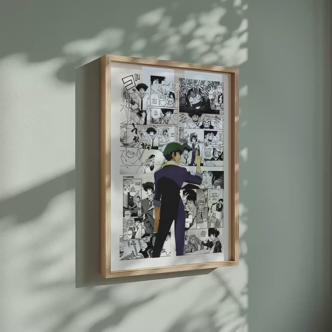 Video of the Spike Spiegel manga poster inspired by Cowboy Bebop in a light wood frame on a sage green wall