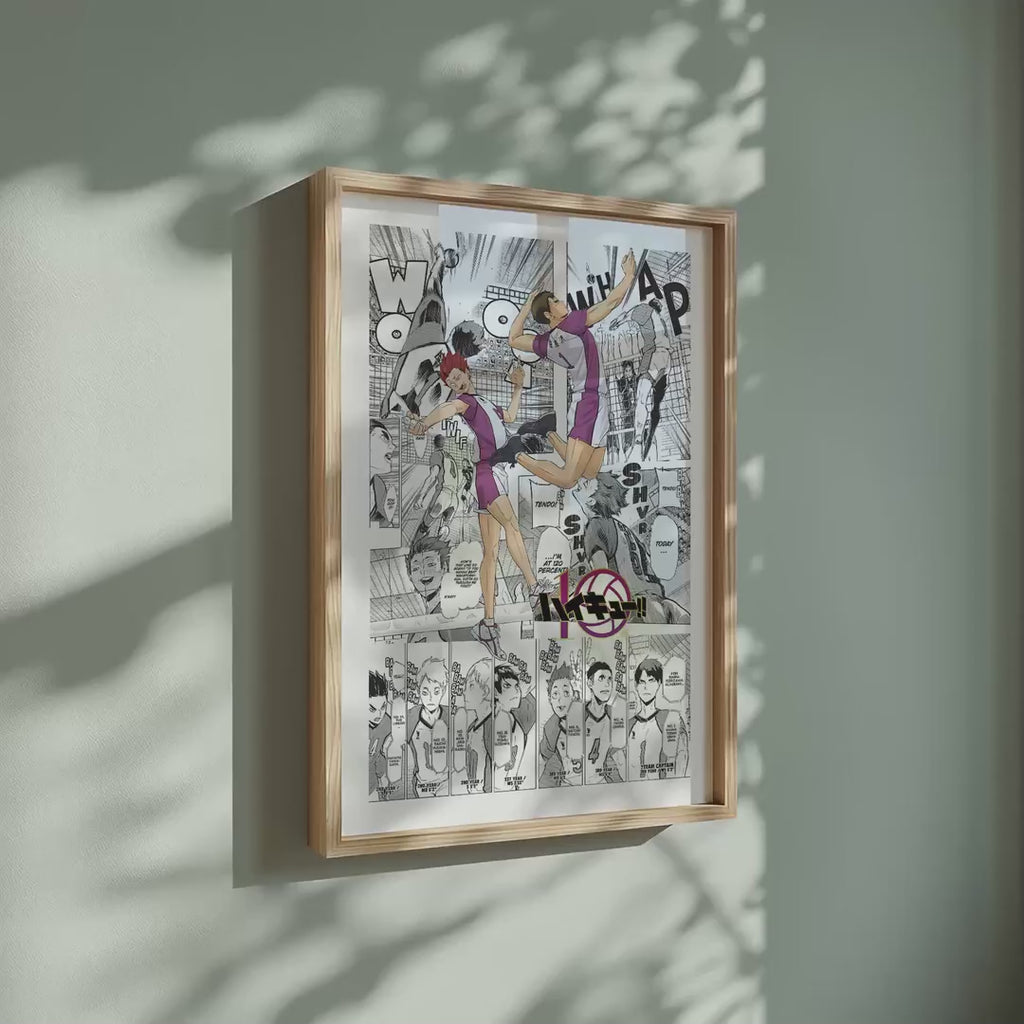 Video of the Shiratorizawa Academy manga poster inspired by Haikyu!! in a light wood frame on a sage green wall