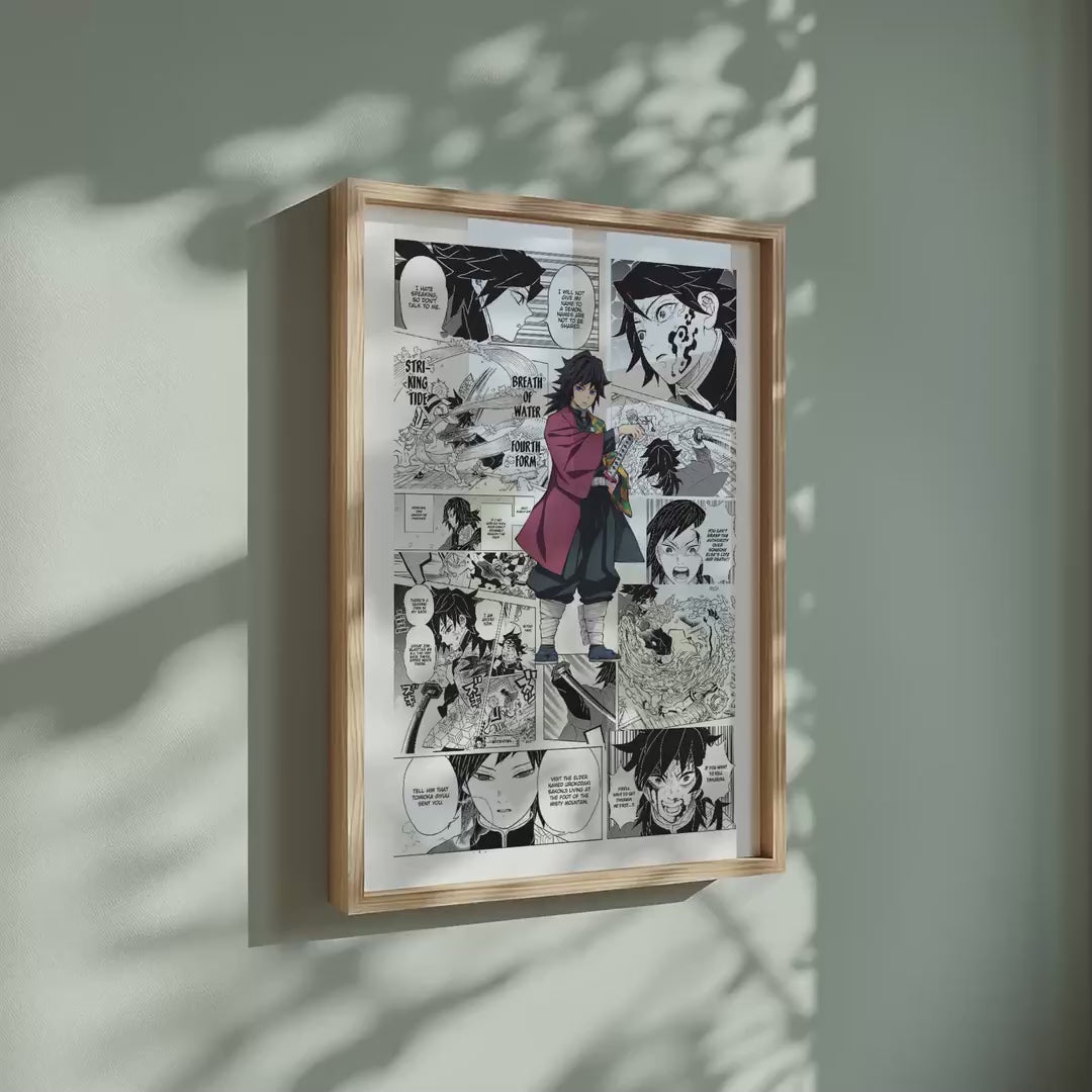 Video of the Giyu Tomioka manga poster inspired by Demon Slayer in a light wood frame on a sage green wall