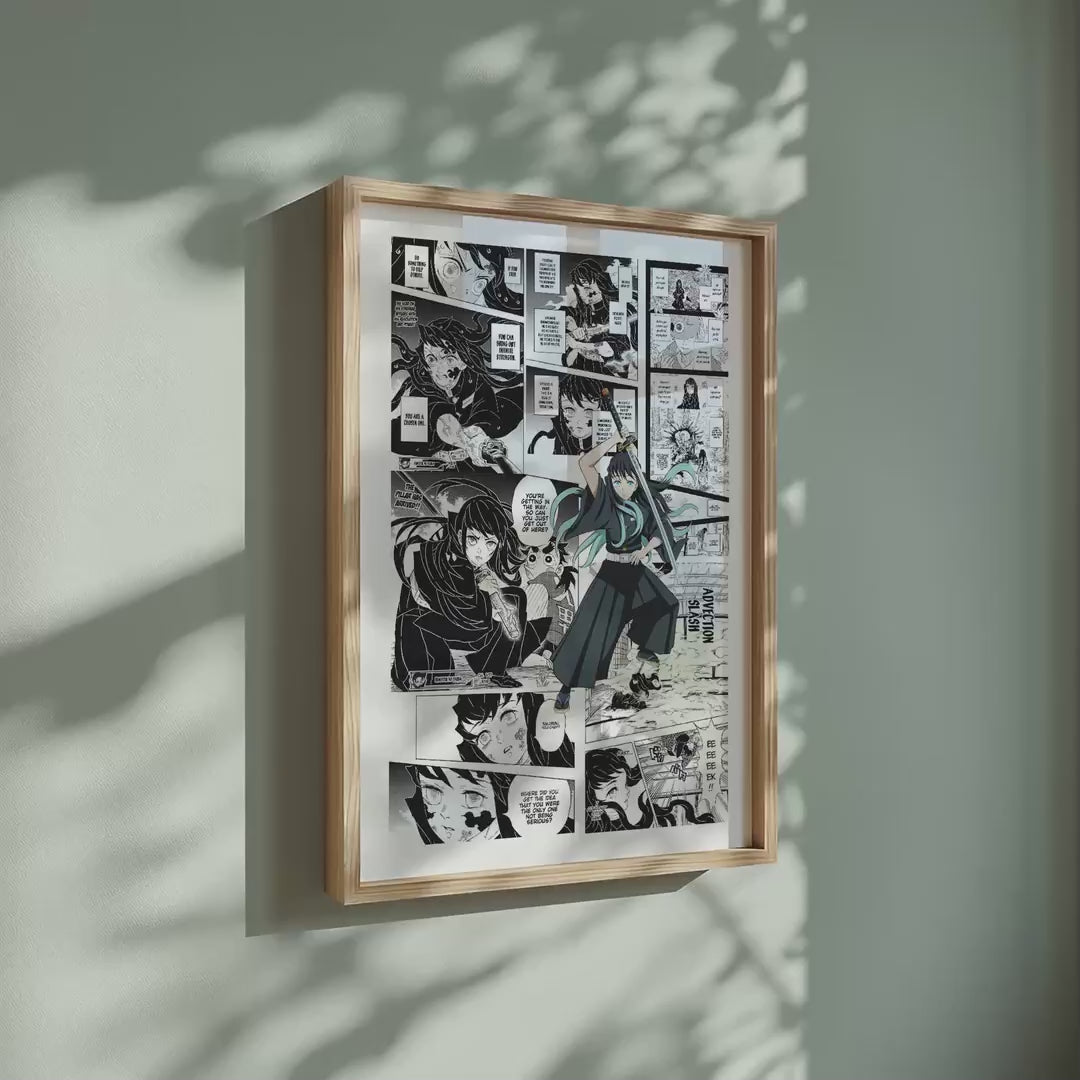 Video of the Muichiro Tokito manga poster inspired by Demon Slayer in a light wood frame on a sage green wall