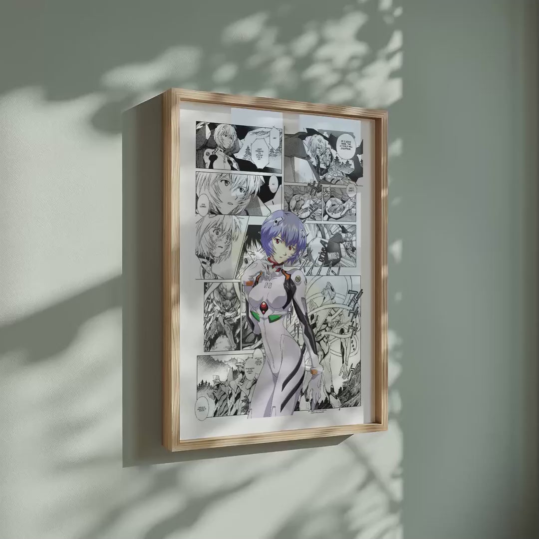 Video of the Rei Ayanami manga poster inspired by Neon Genesis Evangelion in a light wood frame on a sage green wall