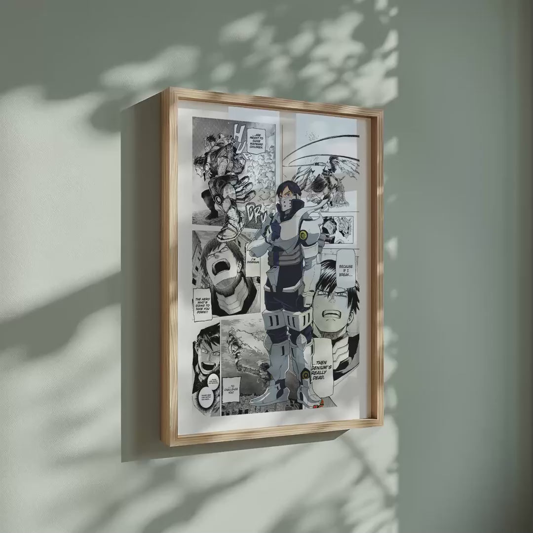 Video of the Tenya Iida manga poster inspired by My Hero Academia in a light wood frame on a sage green wall