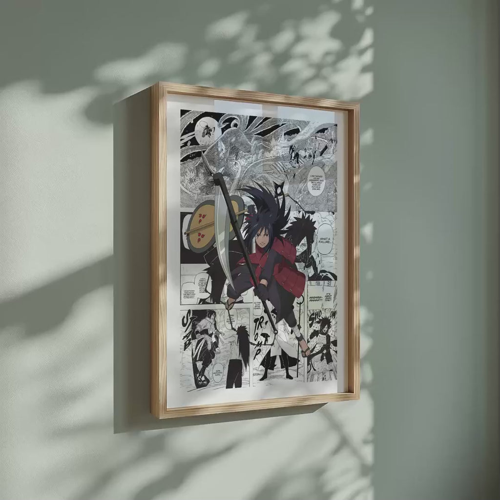 Video of the Madara Uchiha manga poster inspired by Naruto in a light wood frame on a sage green wall