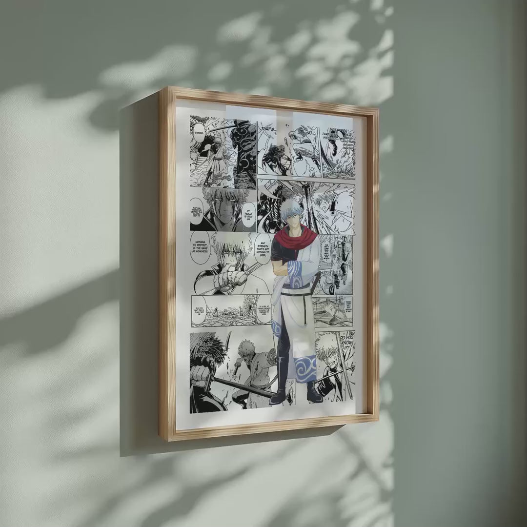 Video of the Gintoki Sakata manga poster inspired by Gintama in a light wood frame on a sage green wall