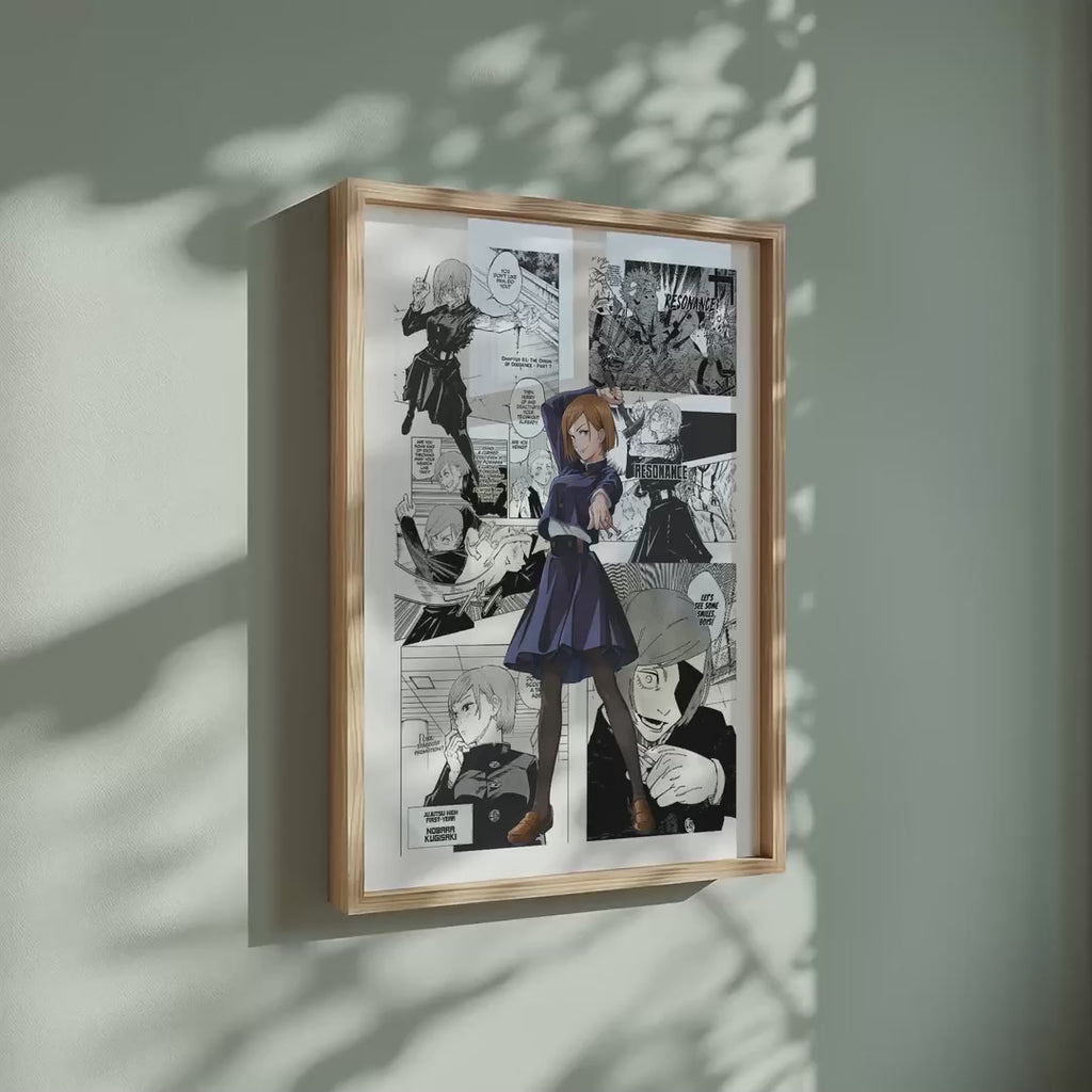 Video of the Nobara Kugisaki manga poster inspired by Jujutsu Kaisen in a light wood frame on a sage green wall
