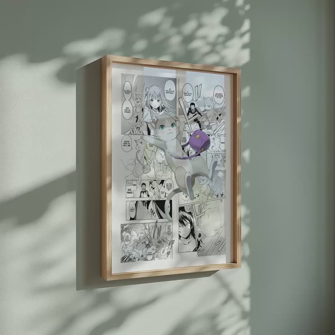 Video of the Puck manga poster inspired by Re:Zero in a light wood frame on a sage green wall
